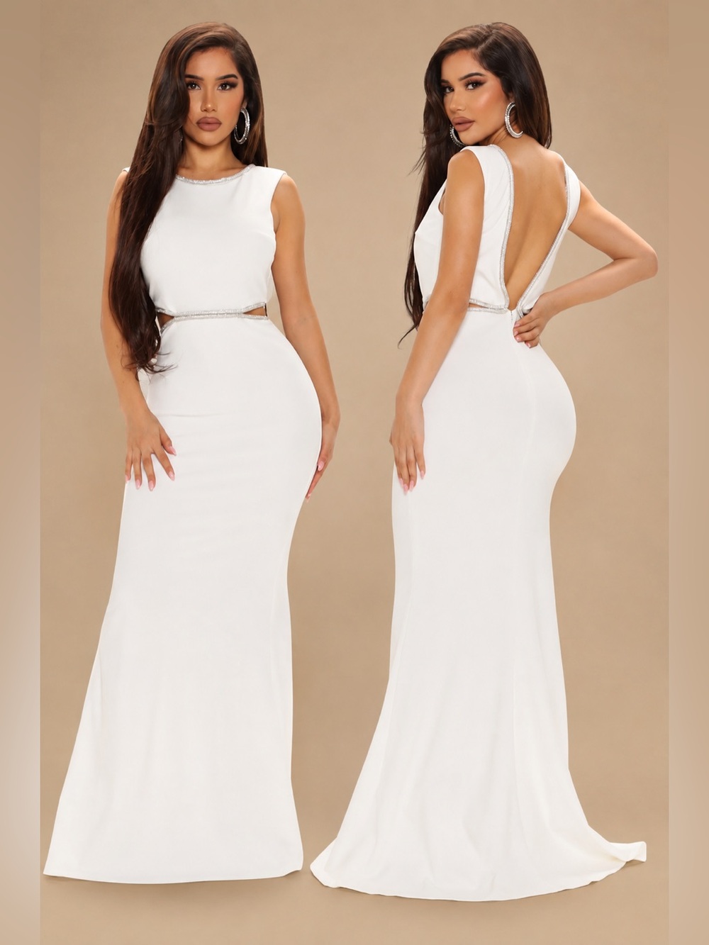 Fashion Nova White Cut Out Backless Gown w/Silver Accents Size M Medium Bridal
